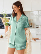 Ekouaer Womens Satin Silk Pajamas Set Short Sleeve Sleepwear Button Down Top and Shorts Loungewear 2 Piece Pjs Set S-XXL