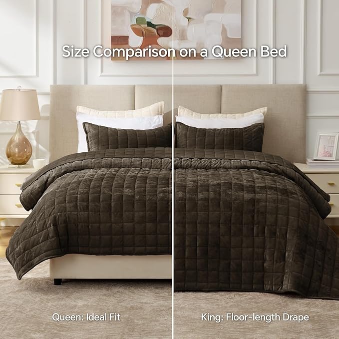BEDELITE Velvet Quilt Set King Size - Luxury Velvet Comforter Bedding Set 3 Pieces, Lightweight Soft Cozy Mocha Brown Oversized Bedspread Coverlet for All Seasons with 2 Pillow Shams