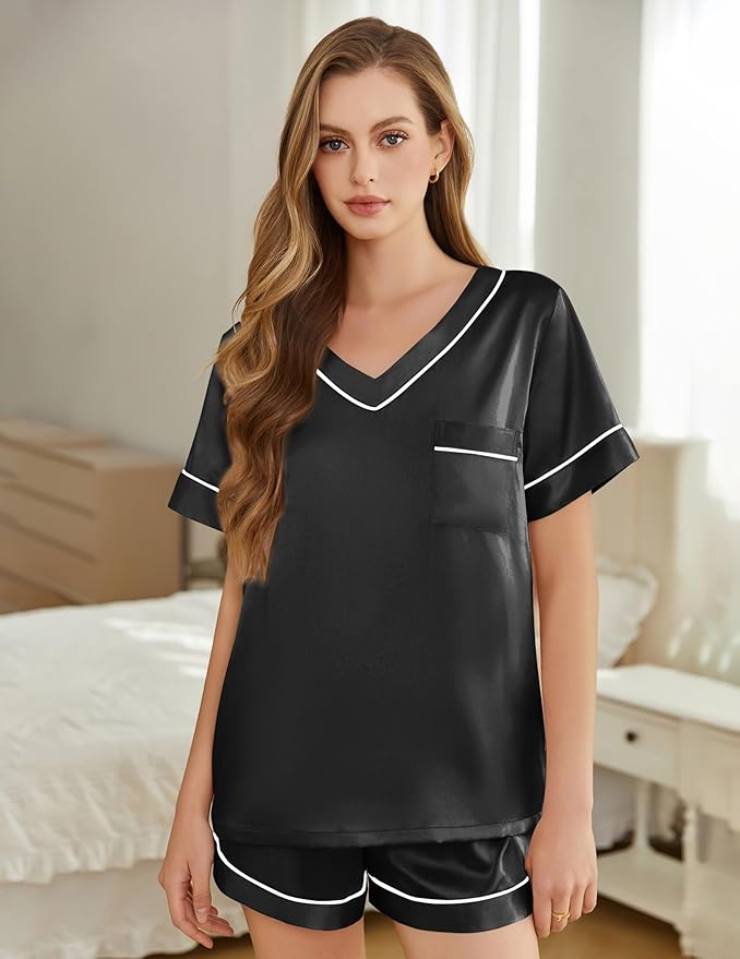 Silk Pajamas for Women Short Sleeve Satin 2 Piece Pj Set Soft V Neck Sleepwear Loungewear, S-XXL