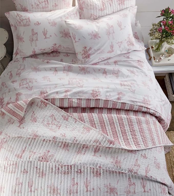 Rod's True Western Dusty Rose Cowgirl Twin Quilt, Vintage Western Toile Bedding, Pink and White, Reversible Cotton Quilt, 68x86 Inch