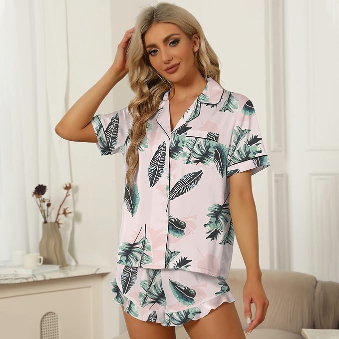 SAPJON Satin Silk Pajamas for Women 2Pcs Ruffle Notch Collar Sleepwear Button Down Short Sleeve Shorts Pjs Set Loungewear