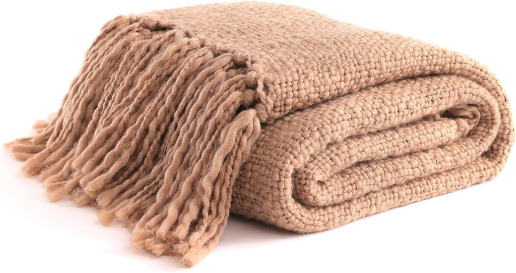 YnM Basketweave Chunky Knit Throw, Solid Neutral Vibe Textured Blanket with Tassel for Home Decor, 50 x 60 in, Beige