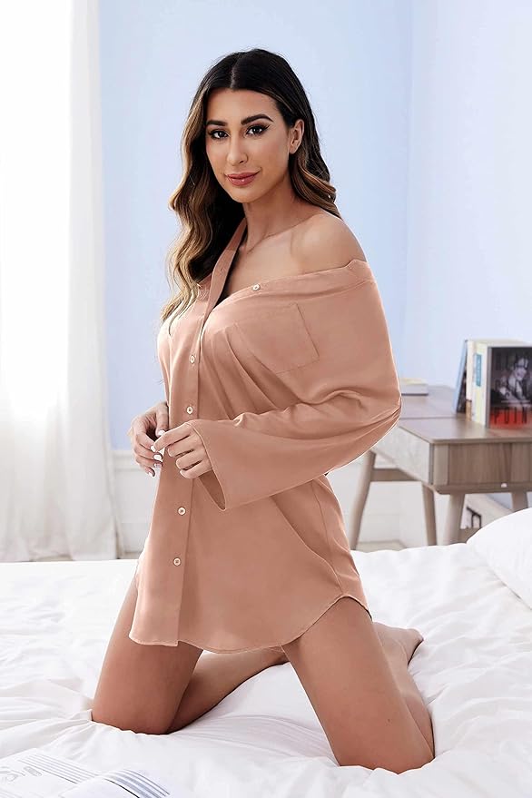Ekouaer Satin Nightgowns for Women Silk Sleepwear Button Down Sleepshirt 3/4 Sleeve V-Neck Nightshirts with Pockets