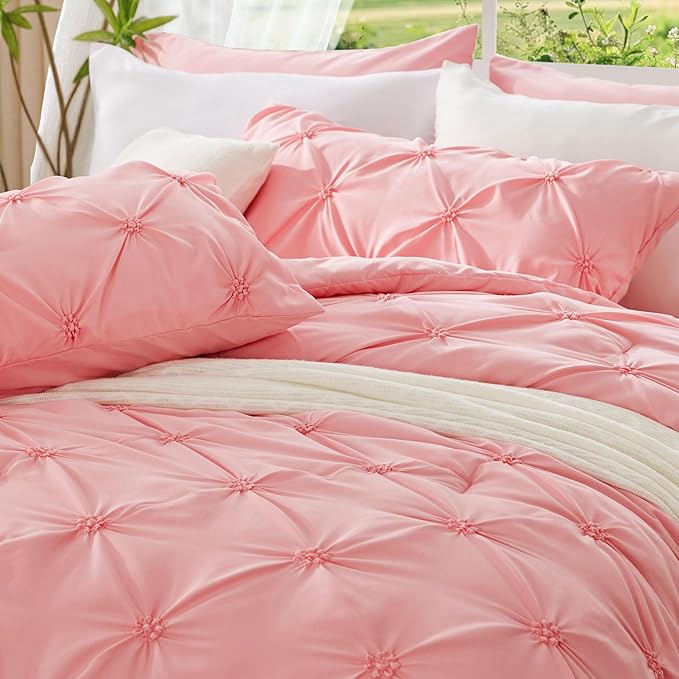 BEDELITE Pink Twin Comforter Set - 2 Peices Boho Pintuck Bedding Comforter Sets, Lightweight Soft & Warm Twin Bedding Sets with 1 Pillowcase for All Season