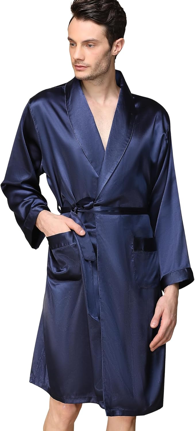 Haseil Men's Satin Robe Dragon Luxurious Silk Spa Long Sleeve House Kimono Bathrobe