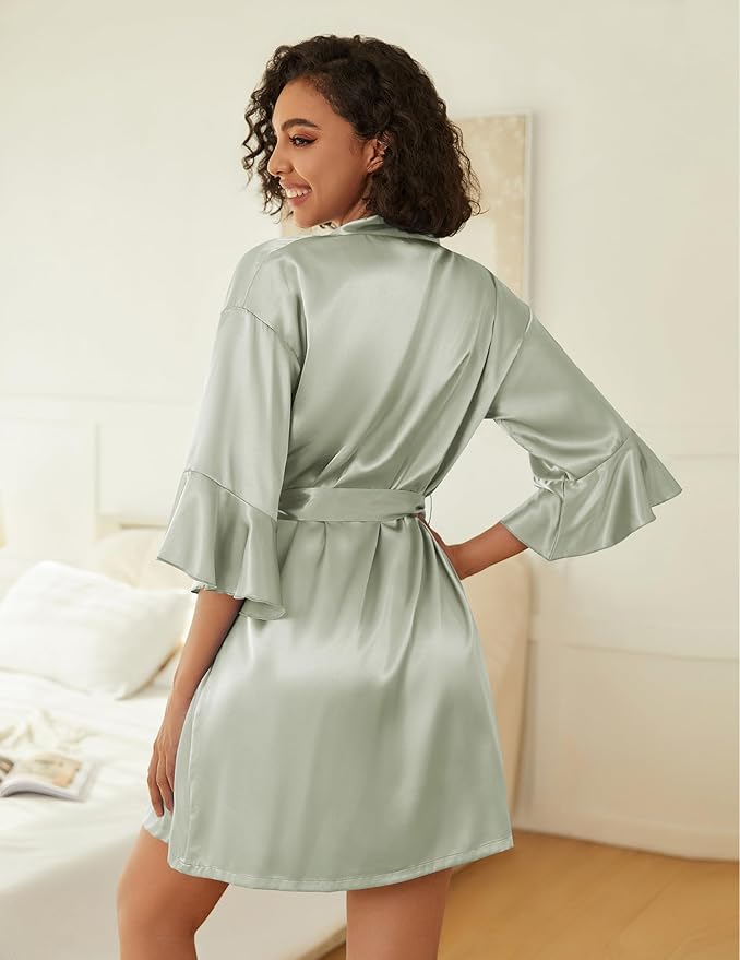 Ekouaer Women's Silk Robe Set V-neck 2 Piece Bridal Party Robes and Satin Bathrobe Set with Pockets
