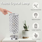 Crystal Table Lamps, Touch Silver Lamp Bedside Bedroom Desk Lamp with 2 USB Charging Port Nightstand Night Light Room Decor for Kids Room, Home Office, Living Room,Bar, Restaurant