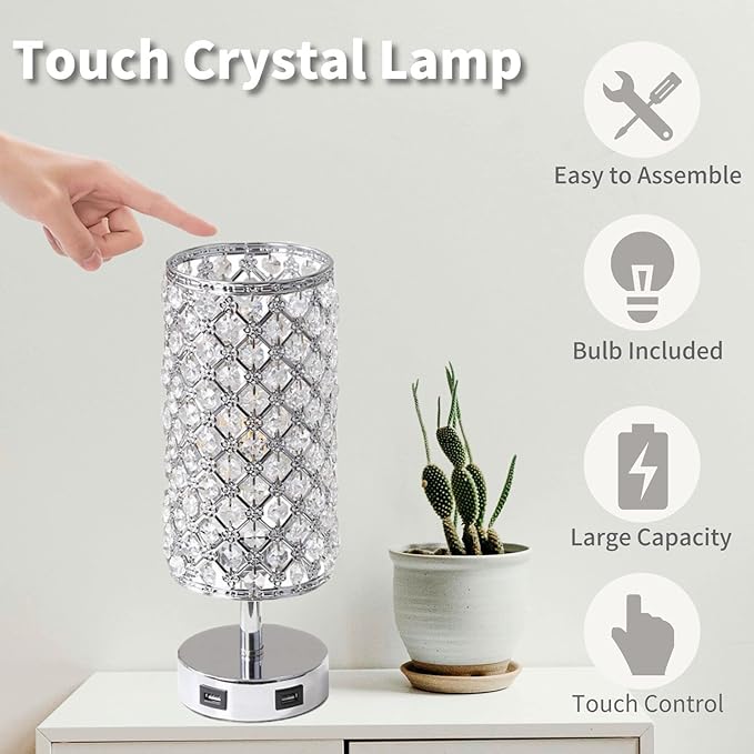 Crystal Table Lamps, Touch Silver Lamp Bedside Bedroom Desk Lamp with 2 USB Charging Port Nightstand Night Light Room Decor for Kids Room, Home Office, Living Room,Bar, Restaurant