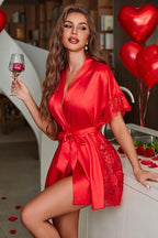Avidlove Women Lingerie Robe Satin Sleepwear Eyelash Lace Kimono Side Split Sexy Silk Robes