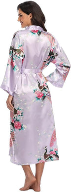 Valennia Women Long Silky Bathrobe Satin Kimono Robe Floral Printed Dressing Gown Sleepwear