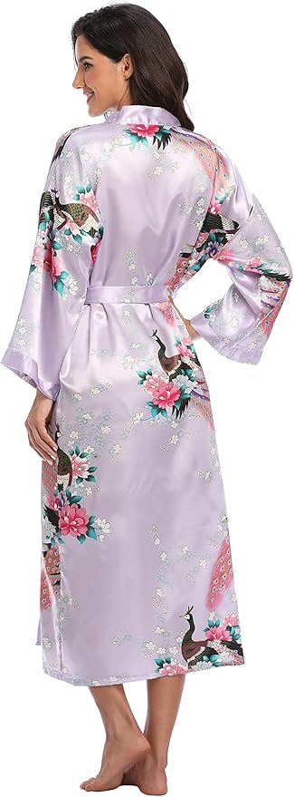 Valennia Women Long Silky Bathrobe Satin Kimono Robe Floral Printed Dressing Gown Sleepwear