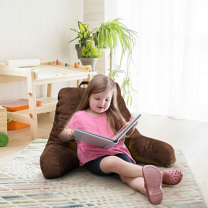 Clara Clark Reading Pillow for Kids & Teens with Shredded Memory Foam, Backrest Pillows for Reading, Watching, and Gaming, on Couch, Bed, Floor, Adjustable Support with Washable Cover Chocolate Brown