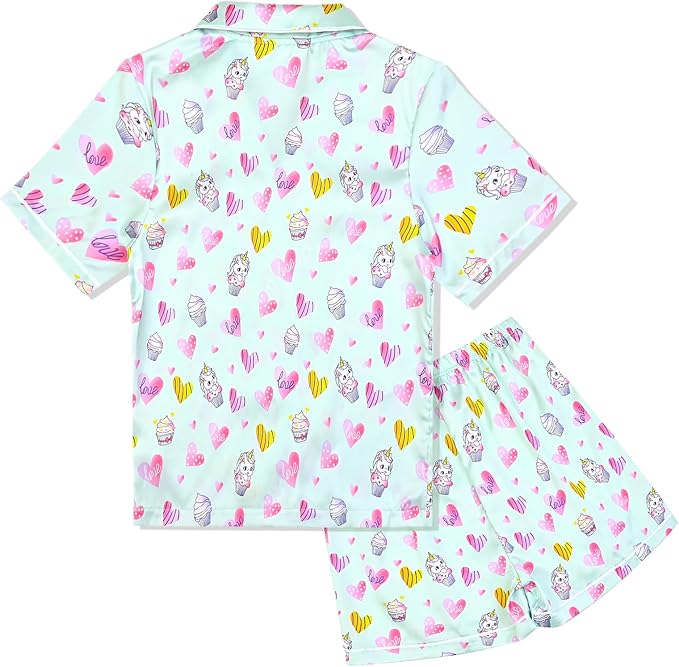 QPANCY Kids Satin Pajamas Sets Baby Boy Girl Button-Down Silk Sleepwear 2 Piece Short Sleeve Loungewear Clothes Set