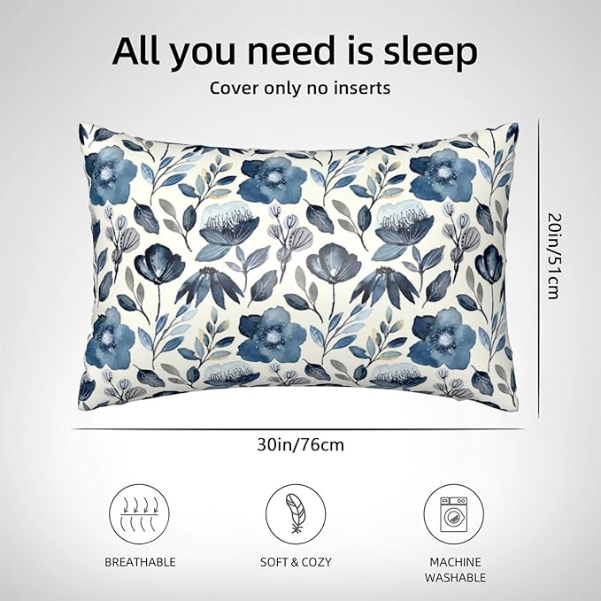 Imitation Silk Pillow Case for Hair and Skin Watercolor Blue Floral Leaves Queen Size 1 Pack Satin Pillow Cases with Zipper Super Soft Pillow Cover for Women Bed Sleeping, 20x30 Inches