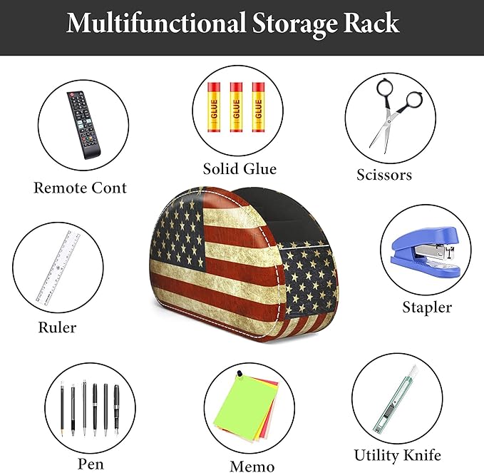 QIELIZI Leather Remote Caddy Desktop Organizer with 5 Spacious Compartments for TV Remotes/Media Controllers/Office Supplies (American Flag)