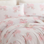 Nayoroom Pink Bow Duvet Cover Queen Size Coquette Pink Floral Duvet Cover 3 Pieces Soft Lightweight Microfiber Girls Cute Aesthetic Dorm Bedding Set