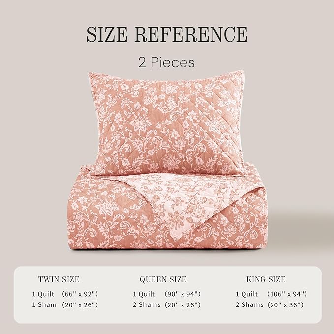 BLOOMHAVEN Quilt Set Twin Size, Clay Pink Floral Quilt Sets, Reversible Bedspread Lightweight and Breathable for All Seasons, Soft Quilted Bedspread with 1 Pillow Sham