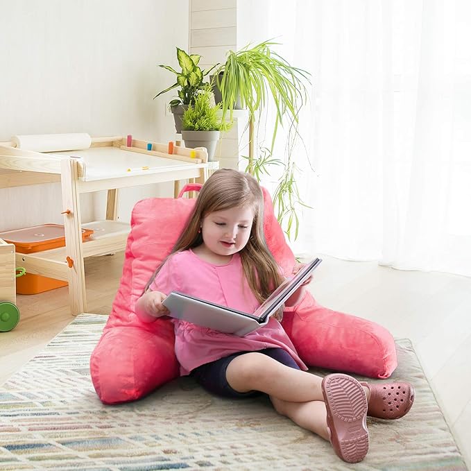 Clara Clark Reading Pillow for Kids & Teens with Shredded Memory Foam, Backrest Pillows for Reading, Watching, and Gaming, Use on The Couch, Bed, or Floor, Adjustable Support Washable Cover Light Pink