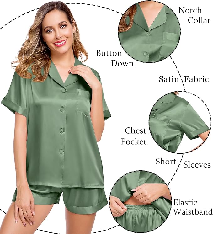 LecGee Womens Silk Satin Pajamas Short Sleeve Loungewear Two-Piece Sleepwear Button-Down Pj Set