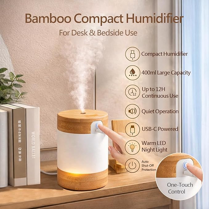 Sustainable Premium Bamboo Mini Humidifier (Improved Version) – 400ml Ultrasonic Quiet Desktop Humidifier, USB-C, Dual LED Night Light, Auto Shut-Off, Portable for Bedroom, Office & Perfect for Gift