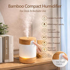 Sustainable Premium Bamboo Mini Humidifier (Improved Version) – 400ml Ultrasonic Quiet Desktop Humidifier, USB-C, Dual LED Night Light, Auto Shut-Off, Portable for Bedroom, Office & Perfect for Gift