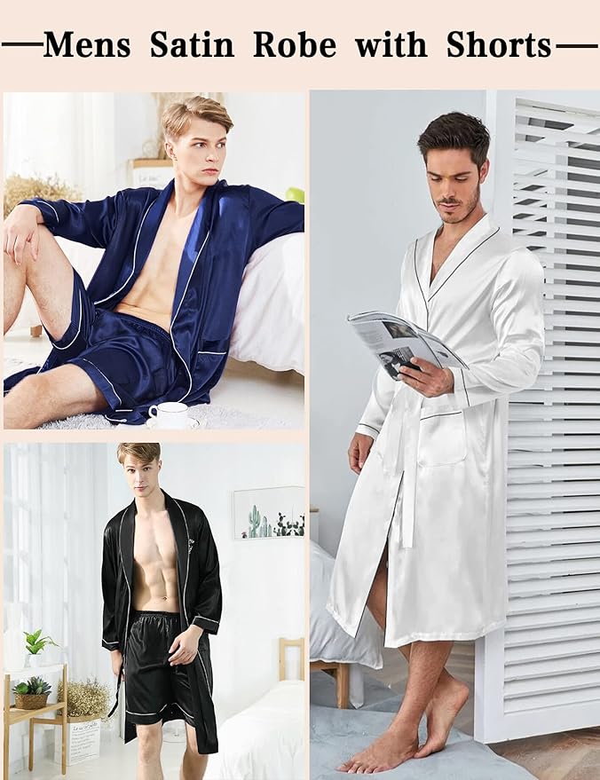 SWOMOG Men's Satin Robe Silky Kimono Bathrobe with Shorts Set Lightweight Soft Loungewear Nightwear