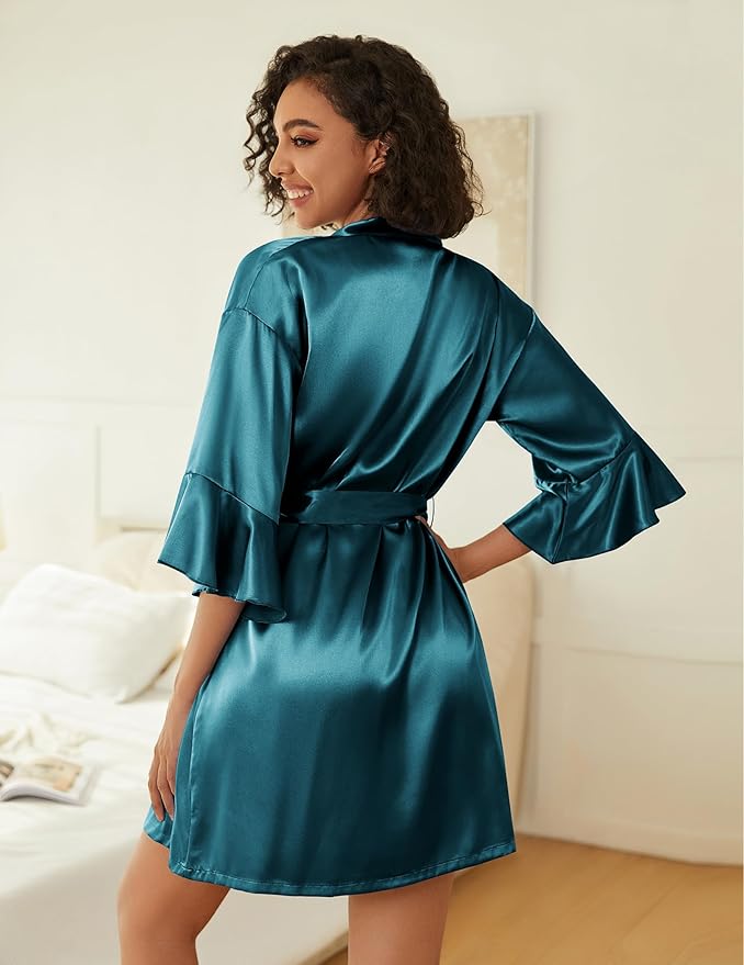 Ekouaer Women's Silk Robe Set V-neck 2 Piece Bridal Party Robes and Satin Bathrobe Set with Pockets