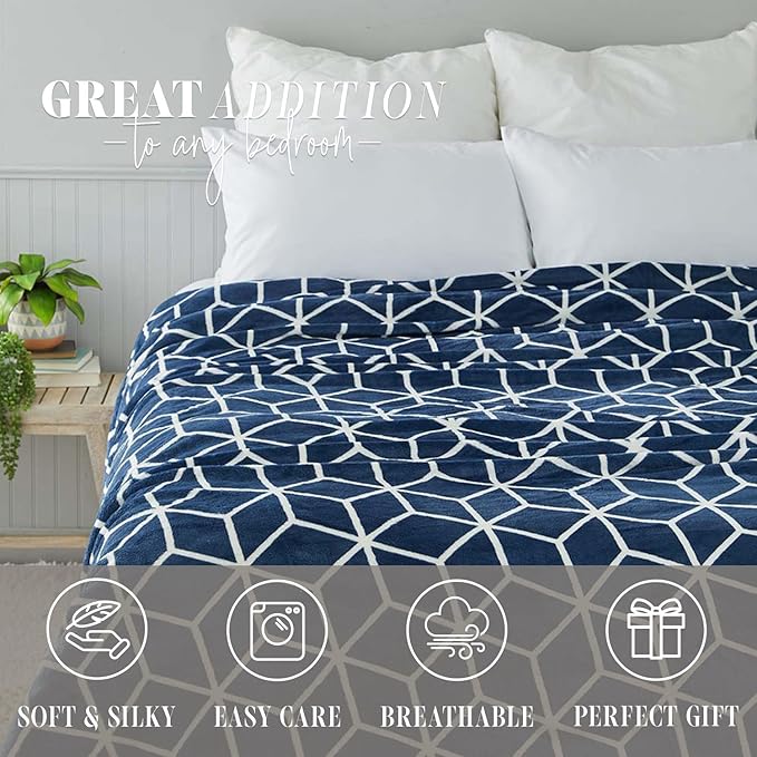 Elegant Comfort Luxury Velvety Feel Blanket, All-Season Lightweight Blanket, Ultra Plush, Soft, Cozy-Fuzzy Flannel Fleece for Couch, Sofa, Bed, Travel, Cube Design, Full/Queen, Navy