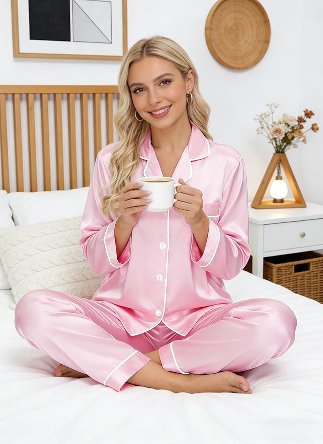DOLOS Silk Satin Pajama Set for Women Short/Long Sleeve 2-Piece Silky Pajamas for Women Button Down Pjs Sleepwear Loungewear
