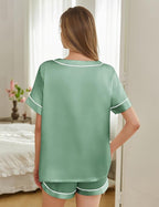 Silk Pajamas for Women Short Sleeve Satin 2 Piece Pj Set Soft V Neck Sleepwear Loungewear, S-XXL