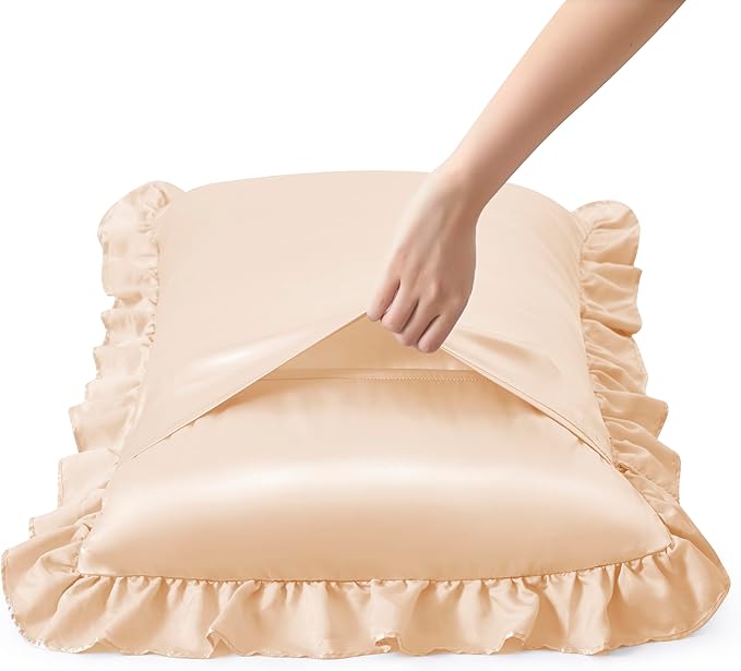 Silky Satin Ruffled Pillow Cases for Hair and Skin,Champagne Silk Pillowcases King Set of 2 with Envelope Closure Princess Room