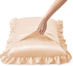 Silky Satin Ruffled Pillow Cases for Hair and Skin,Champagne Silk Pillowcases Queen Set of 2 with Envelope Closure Princess Room Decoration