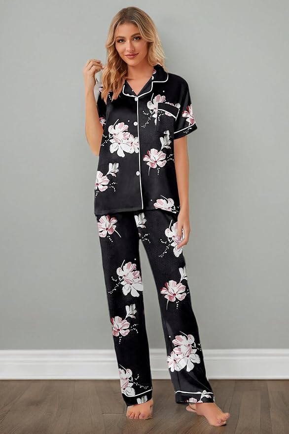 Umeyda Girls Womens Pajamas Set, Satin Silky Button Down Loungewear 2 Piece Short Sleeve Pants PJS Sets for Mommy Kids