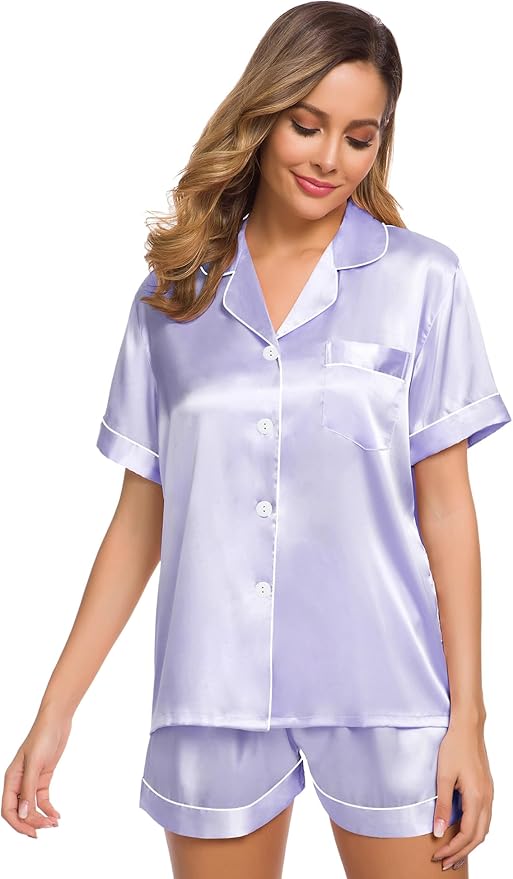SWOMOG Womens Silk Satin Pajamas Set Short Sleeve Sleepwear Button Down Top and Shorts Loungewear 2 Piece Pjs Set XS-3XL