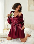 Ekouaer Women's Silk Robe Set V-neck 2 Piece Bridal Party Robes and Satin Bathrobe Set with Pockets