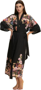 Kihnop Women's Floral Long Kimono Robe Long Satin Robe Long Silk Robe Ladies Kimonos Silky Bathrobe Cover Up, One Size