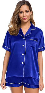 SWOMOG Womens Silk Satin Pajamas Set Short Sleeve Sleepwear Button Down Top and Shorts Loungewear 2 Piece Pjs Set XS-3XL