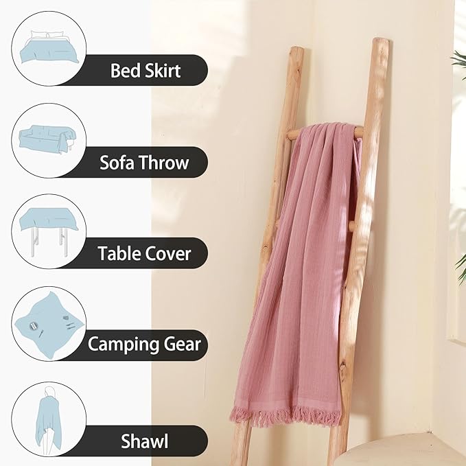 Cotton Muslin Throw Blanket with Tassels, Lightweight Woven Gauze, Pre-Washed Breathable Farmhouse Decor for Bed, Couch, All-Season Use (Dusty Pink, 50" x 60")