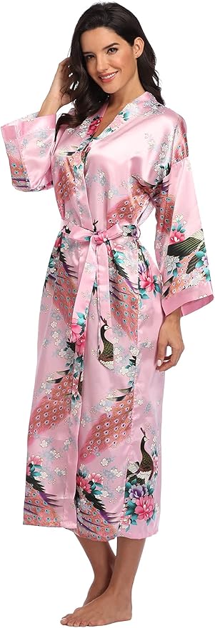 Valennia Women Long Silky Bathrobe Satin Kimono Robe Floral Printed Dressing Gown Sleepwear