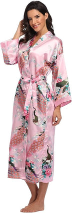 Valennia Women Long Silky Bathrobe Satin Kimono Robe Floral Printed Dressing Gown Sleepwear