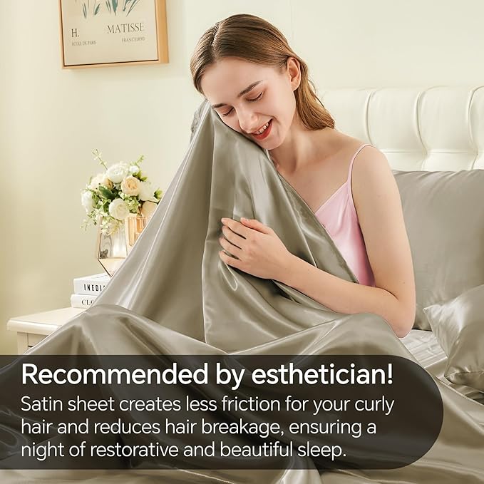 BEDELITE King Size Sheets Set, Luxury Soft Taupe Satin Sheets for Hair and Skin, Similar to Silk Bed Sheets Set 4 Pieces with 1 Deep Pocket Fitted Sheet, 1 Flat Sheet, and 2 Pillowcases