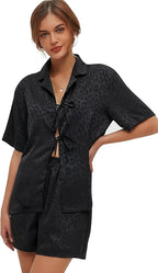 CHYRII Women's Silk Satin Pajamas Sets Tie Front Short Sleeve Tops and Shorts Two Piece Pj Sets Sleepwear
