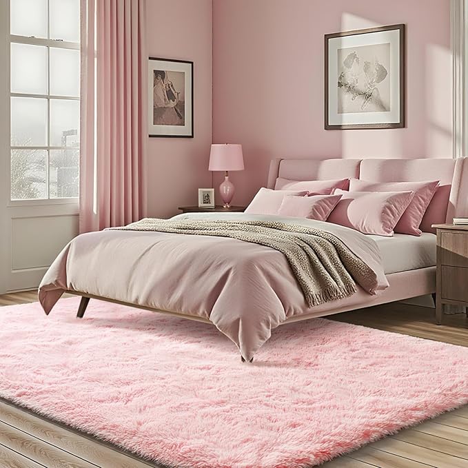 ISEAU 4x6 Area Rug for Living Room, Pink Rugs for Bedroom, Dorm, College, Apartment, Soft Shaggy Carpets, Machine Washable Mats, Under Bed, On Nursery Floors Mat, Boys, Girls Room Carpet Decor