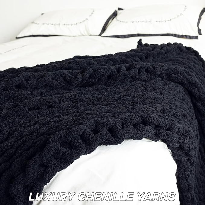 Chunky Knit Blanket - Luxury Soft Cozy 60 * 80 Throw Blanket,100% Woven Blanket Rope Knot Throw Blanket for Couch, Sofa, Home Decor, Gift - Machine Washable (Black, 60 * 80)