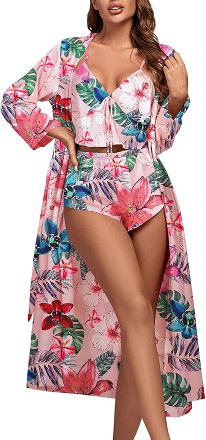 OPOIPIN Women's 3 Piece Pajama Set Sexy Cami Top and Shorts with Robe Sleepwear Loungewear Set