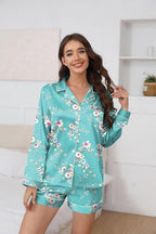 Ekouaer Satin Pajama Set for Women Button Down Pj Set Long Sleeve Top and Shorts 2 Piece Loungewear Summer Soft Sleepwear