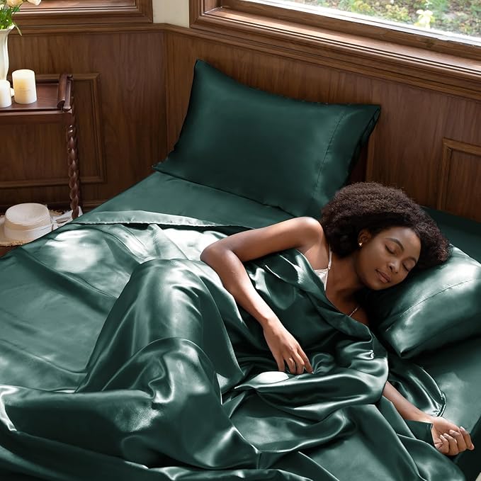 CozyLux Satin Sheets King Size Sheet Set - 4 Piece Silky King Sheets, Luxury Deep Teal King Bed Set with Smooth and Soft Microfiber, Includes 1 Fitted Sheet, 1 Flat Sheet and 2 Pillowcases