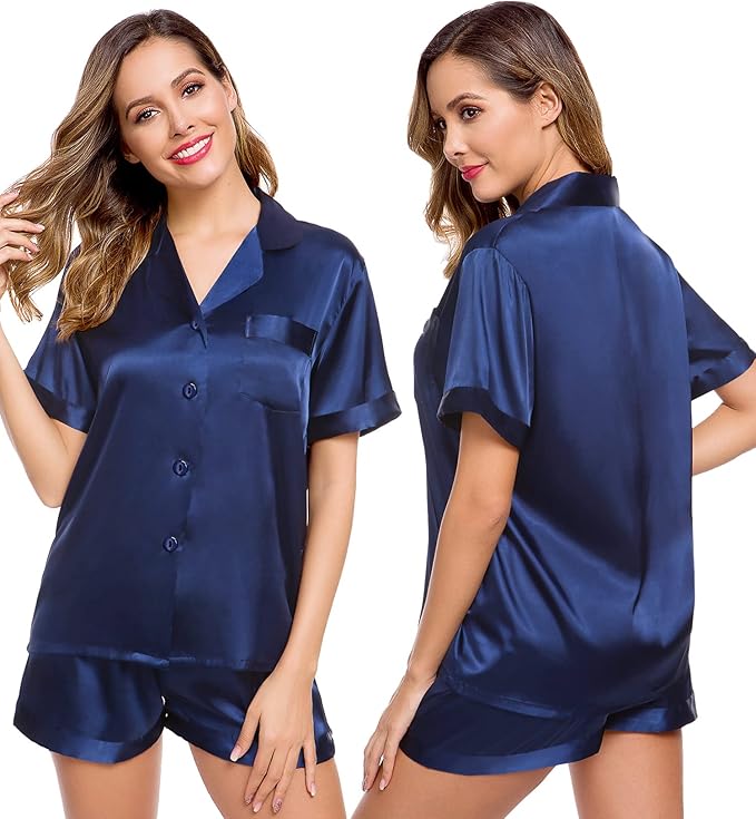 LecGee Womens Silk Satin Pajamas Short Sleeve Loungewear Two-Piece Sleepwear Button-Down Pj Set