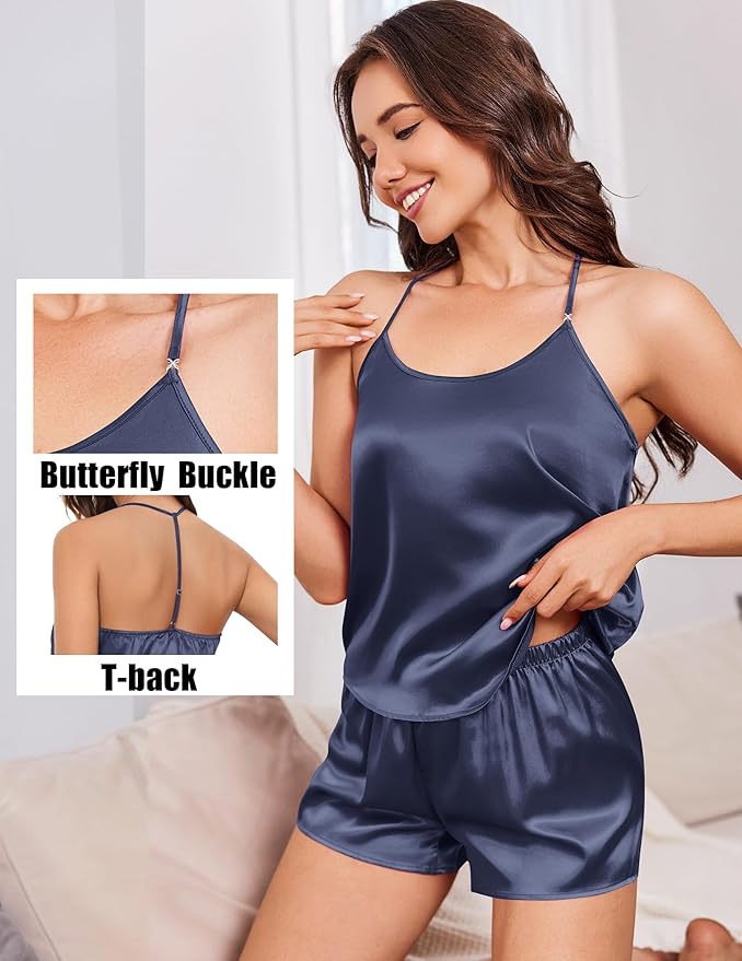 Ekouaer Silk Satin Pajamas Set for Women T-back Lingerie Pjs Cami Top and Shorts Sleepwear Gift for Honeymoon Party