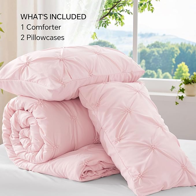 BEDELITE Baby Pink King Size Comforter Set - 3 Pieces Boho Pintuck Bedding Comforter Sets, Lightweight Soft & Warm King Bedding Set with 2 Pillowcases for All Season
